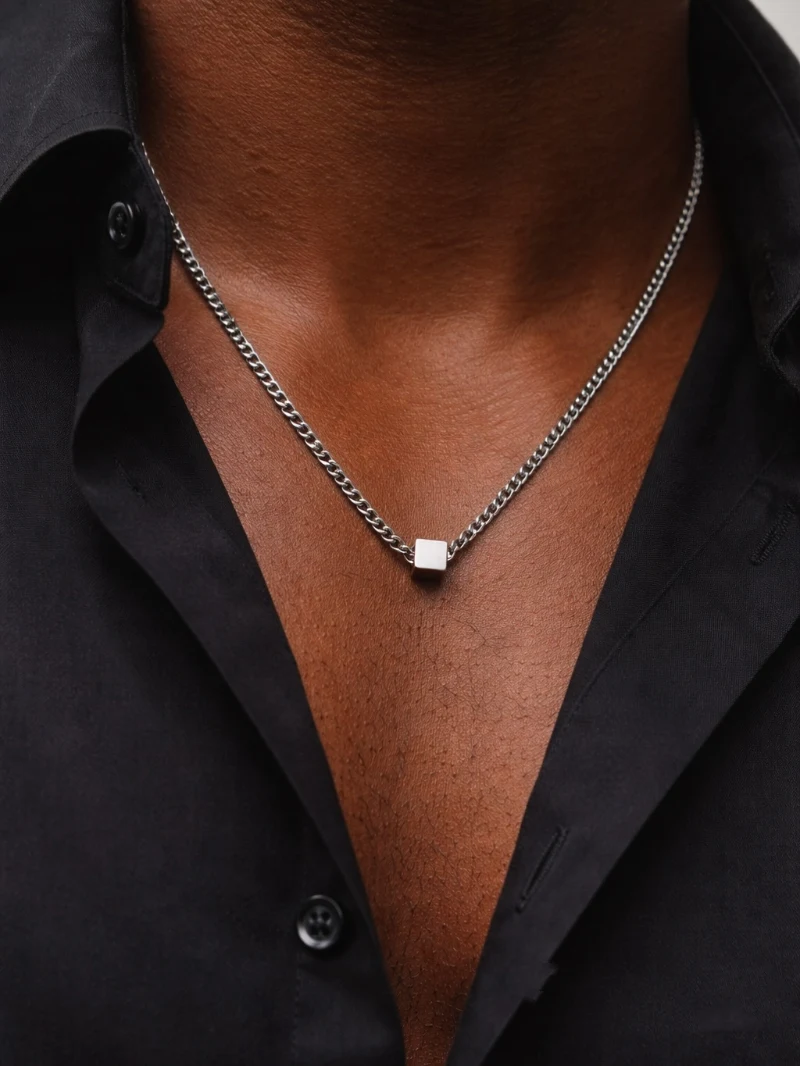 Silver Curb Chain with Cube Pendant