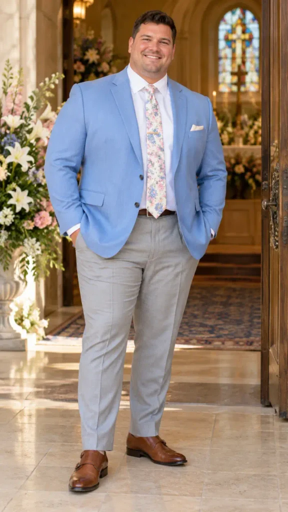 Sky Blue Blazer and Floral Tie Church Style