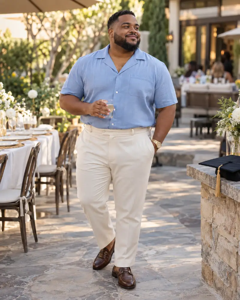 Sky Blue Camp Collars and Pleated Trousers for Sunlit Patios