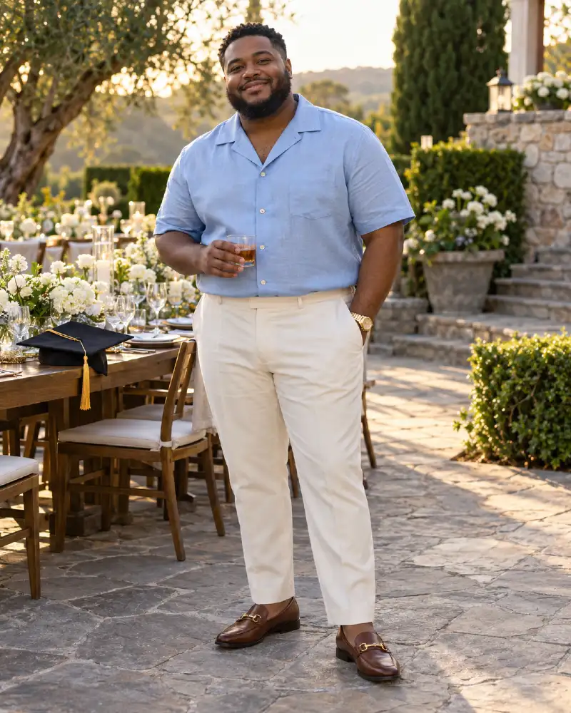 Sky Blue Camp Collars and Pleated Trousers for Sunny Terraces