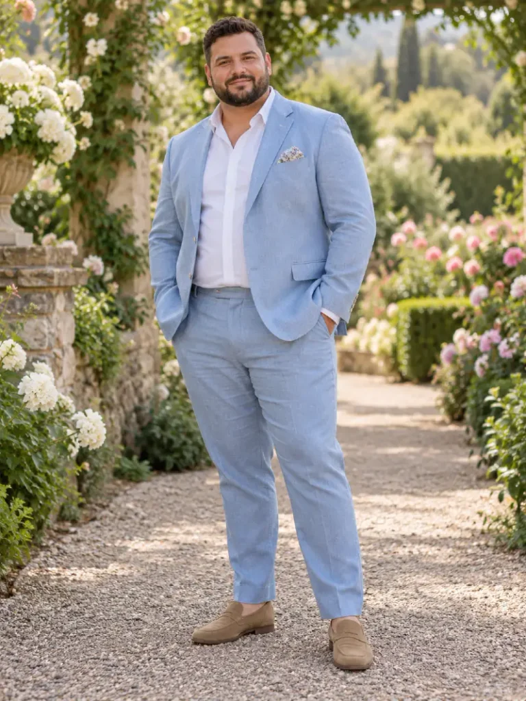 Sky Blue Suit With Sandy Suede Loafers
