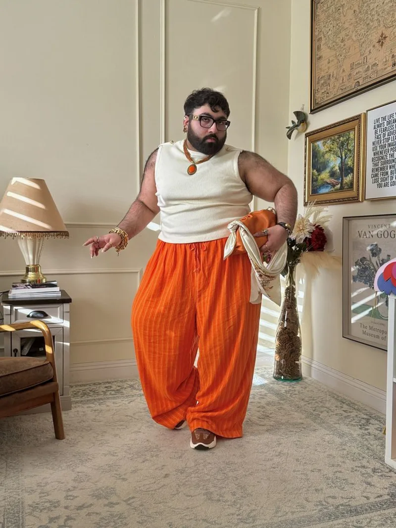 Sleeveless Knit Top With Orange Wide-Leg Pants