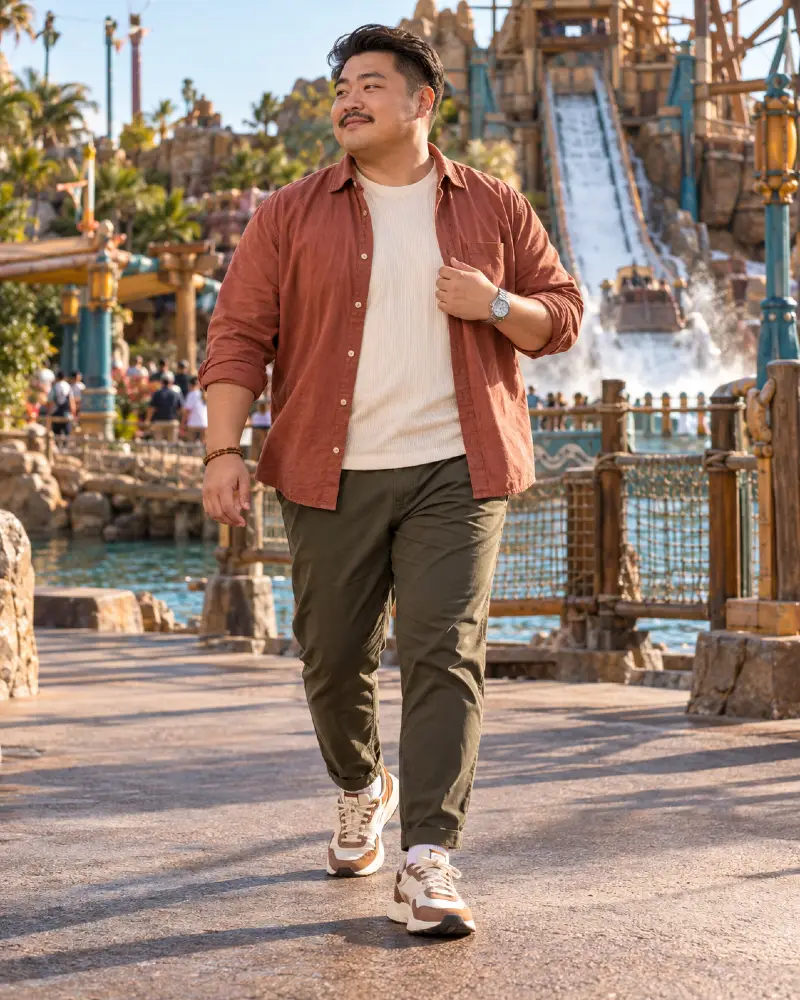 Layered Rust Overshirt and Olive Pants
