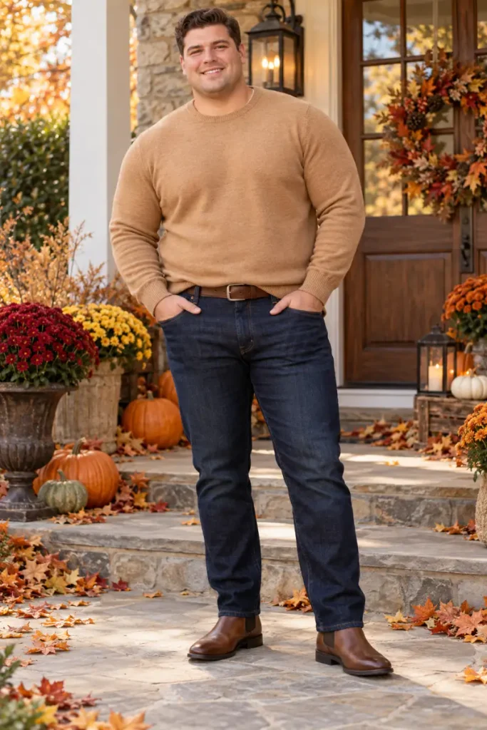 Soft Camel Knit and Dark Indigo Jeans