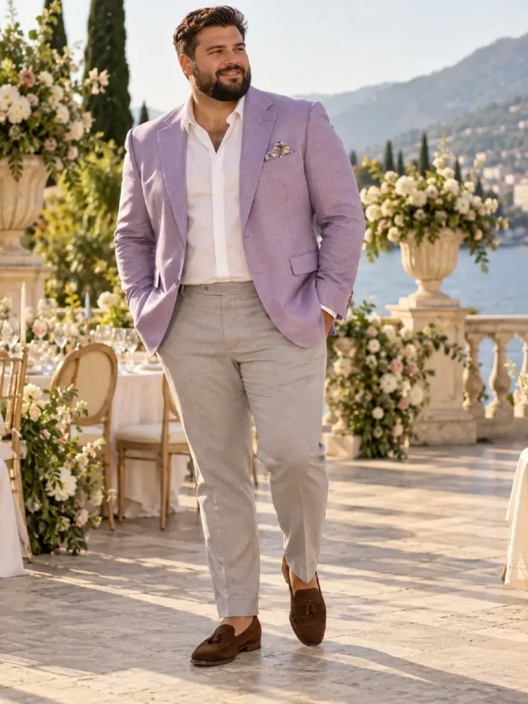 Soft Lavender Blazer With Crisp Grey Trousers