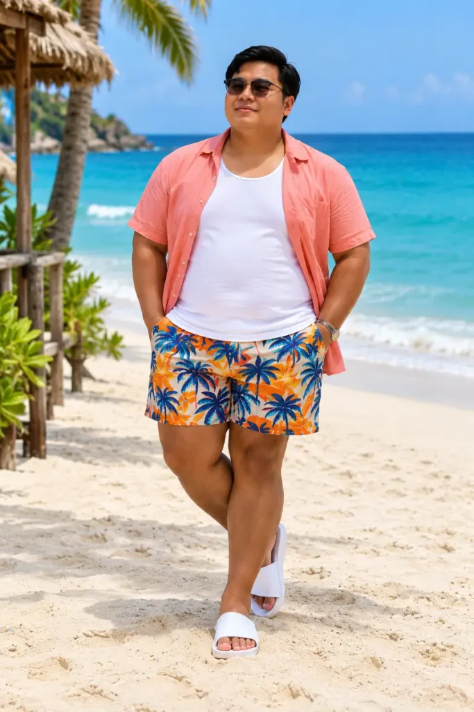 Soft Salmon Overshirt With Bold Palm Tree Shorts