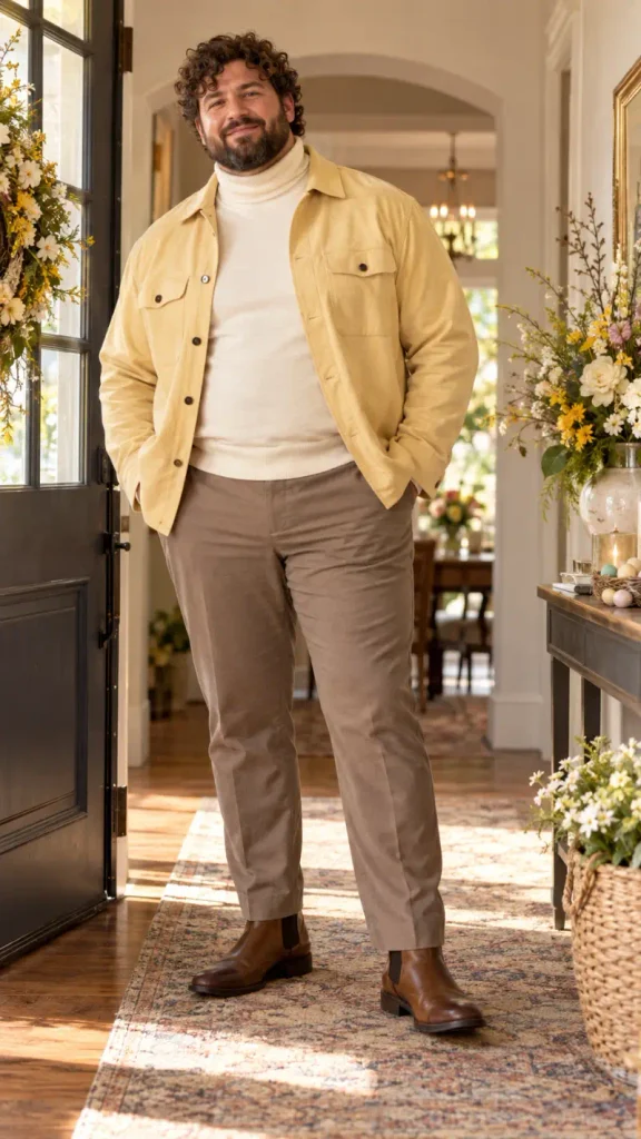 Soft Yellow Overshirt Over Cream Turtleneck