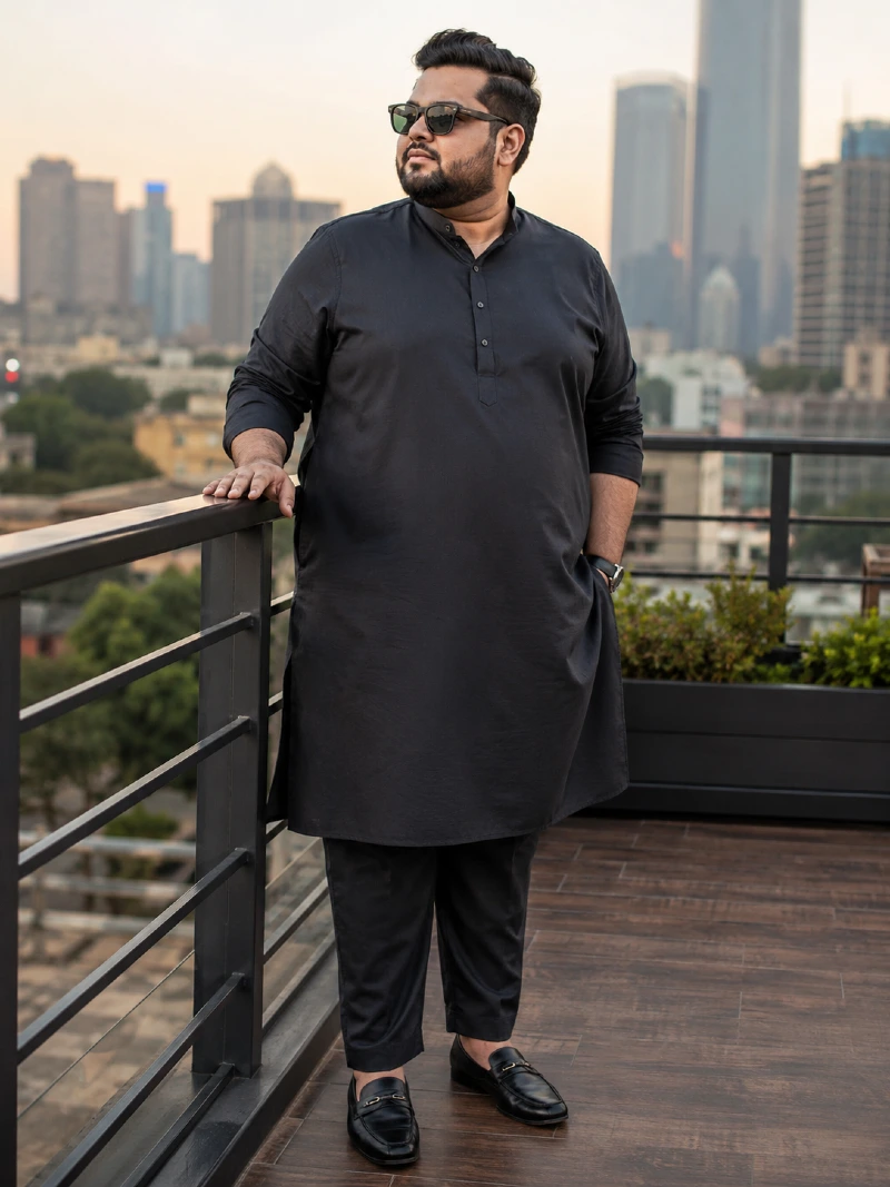Solid All-Black Kurta with Matching Pajamas