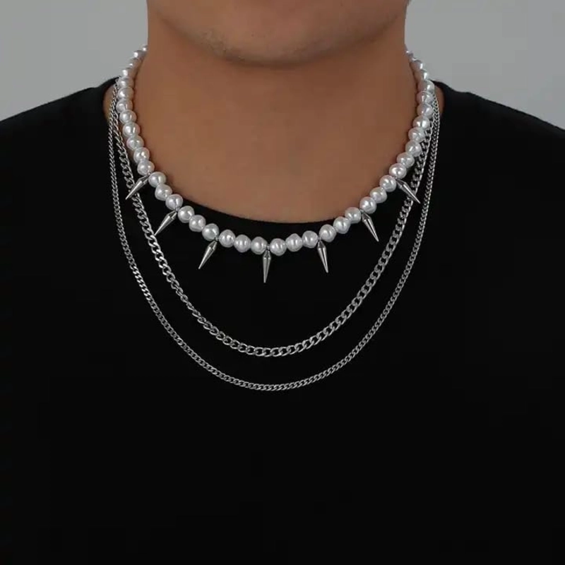 Spiked Pearl Necklace and Silver Chains