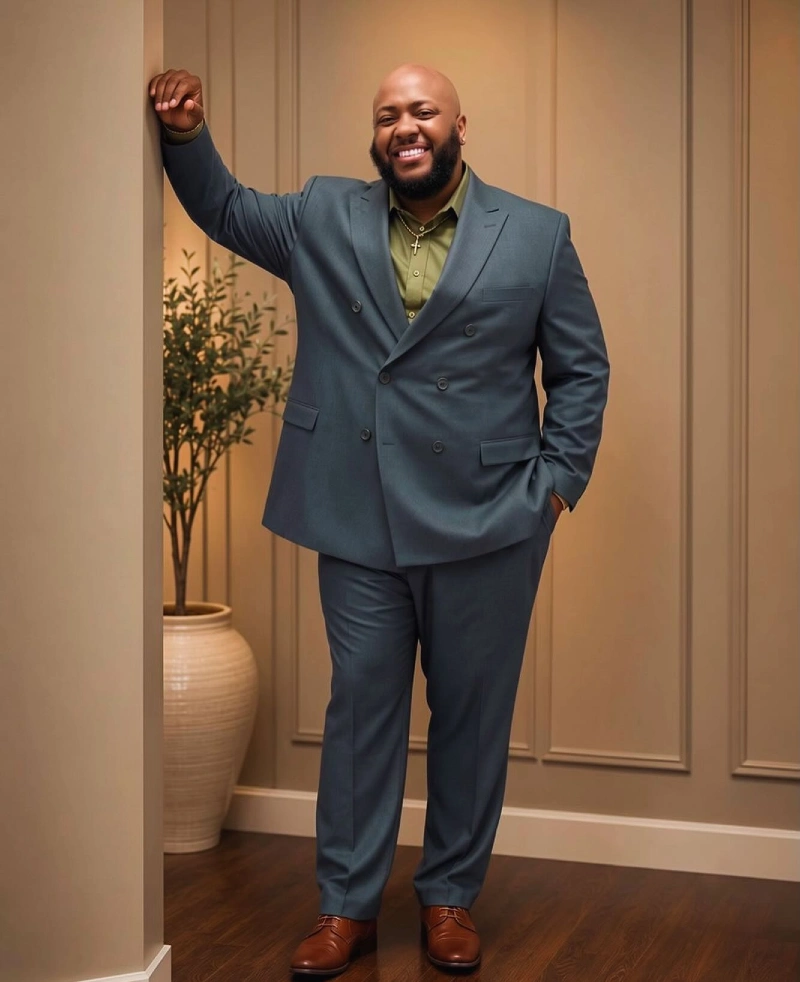 Steel Blue Double-Breasted Suit with Olive Shirt