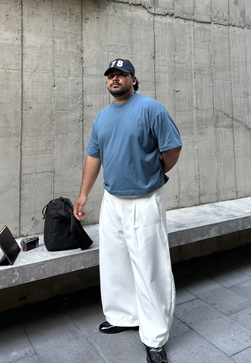 Steel Blue Tee and High-Waisted White Trousers