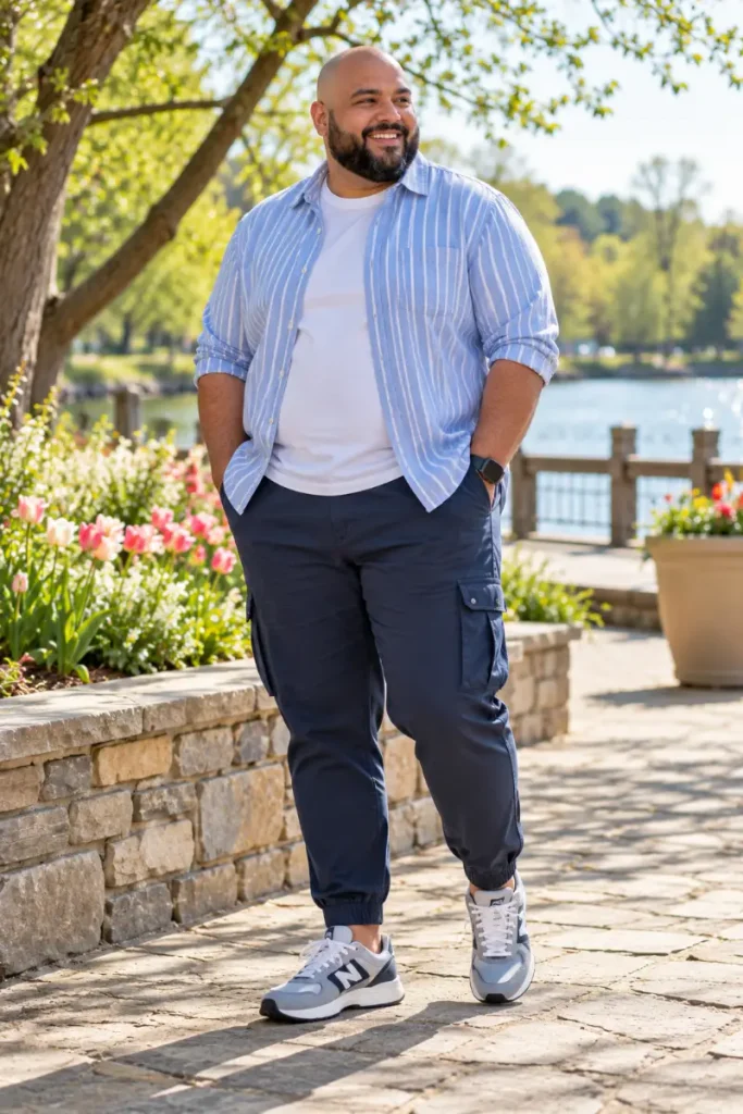 Striped Blue Overshirt With Grey Athletic Sneakers
