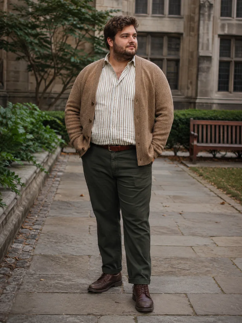 Striped Button-Down, Cardigan, and Trousers Outfit