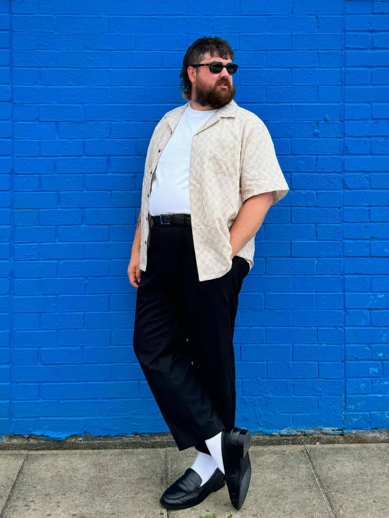 Striped Button-Down and Black Trousers