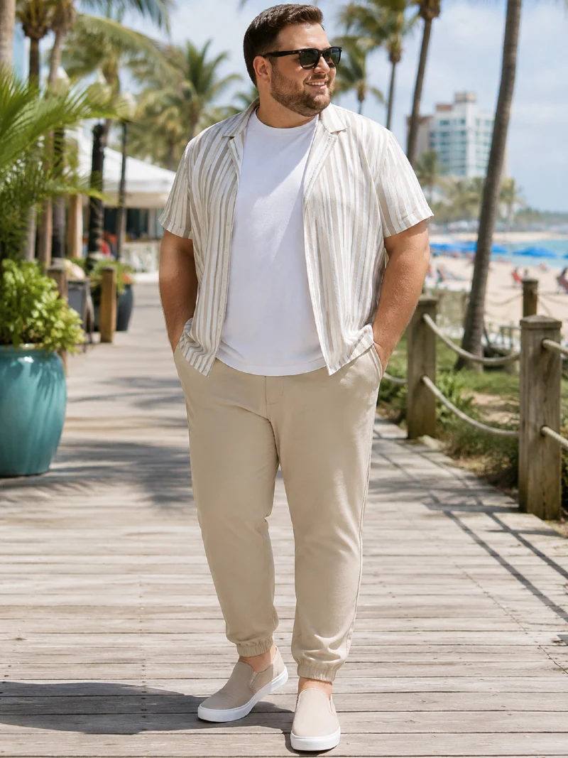Striped Button-Down and Tan Joggers