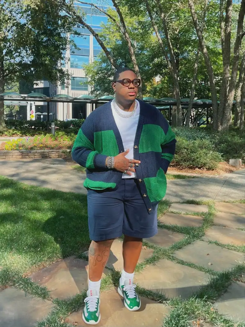 Striped Cardigan and Blue Shorts