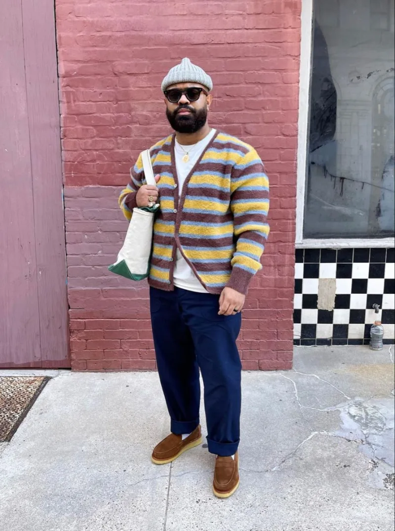 Striped Cardigan and Navy Pants