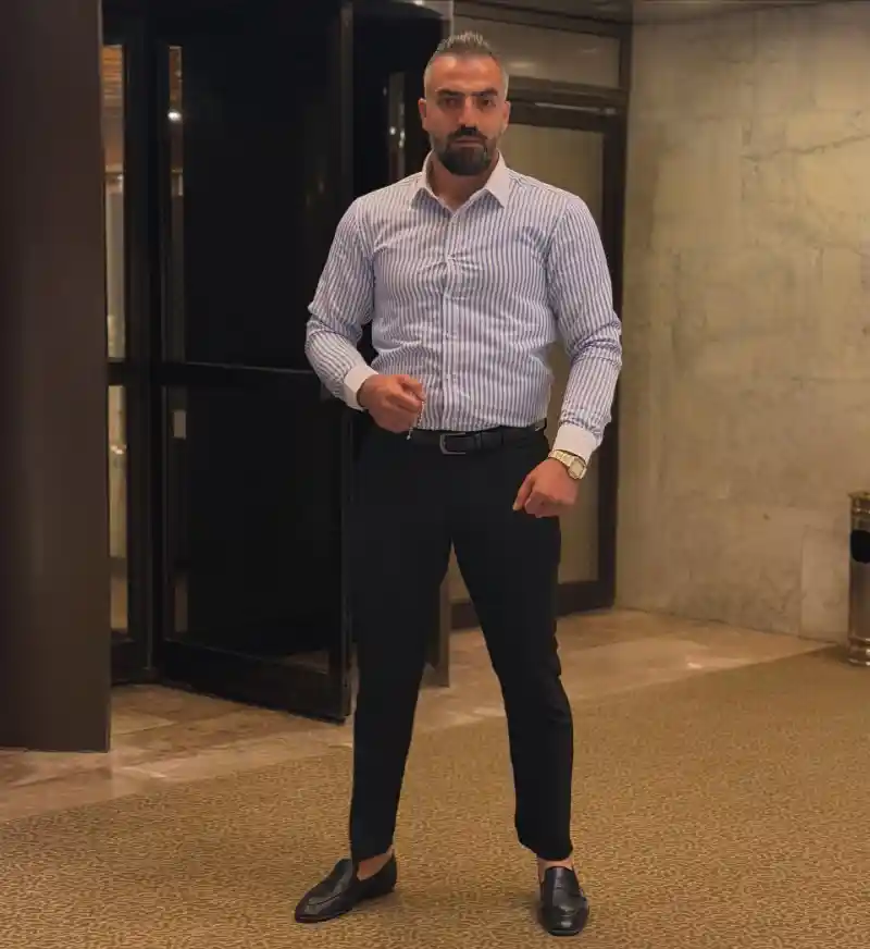Striped Dress Shirt and Slim Black Trousers