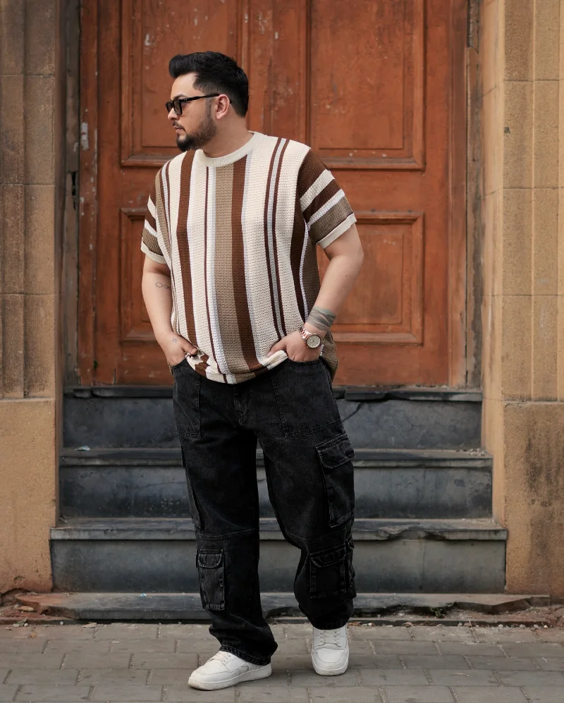Striped Knit T-Shirt and Black Cargo Pants