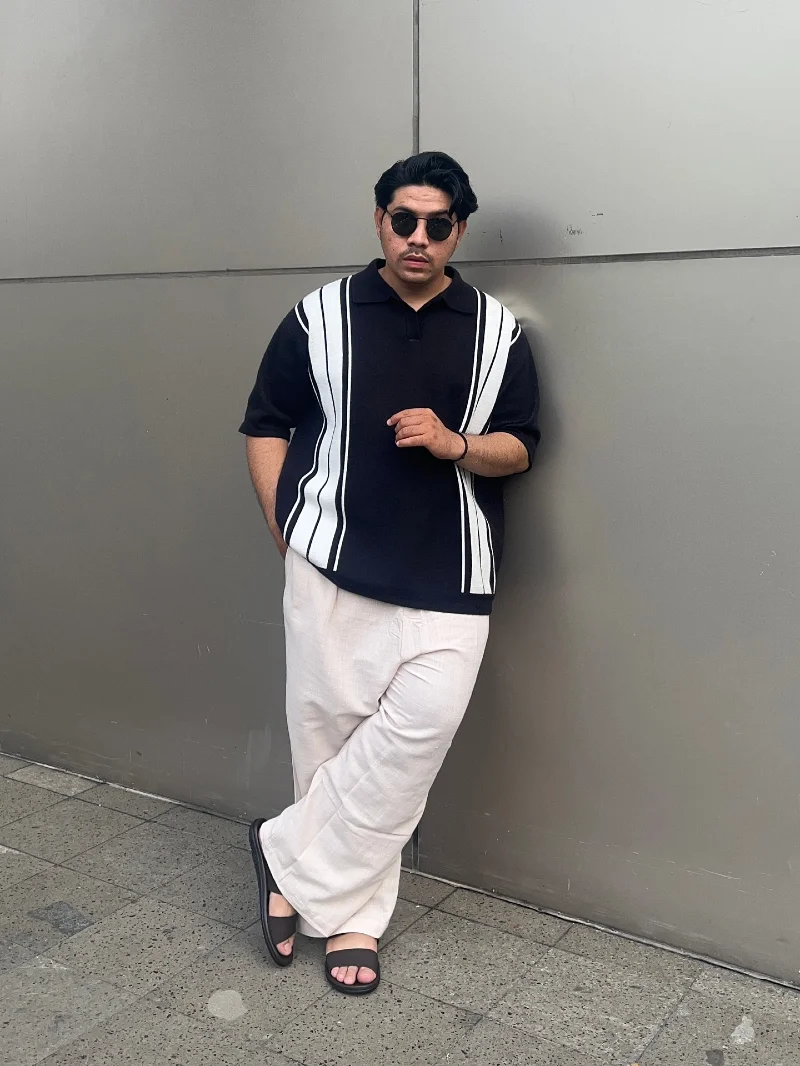 Striped Polo Shirt and Off-White Trousers