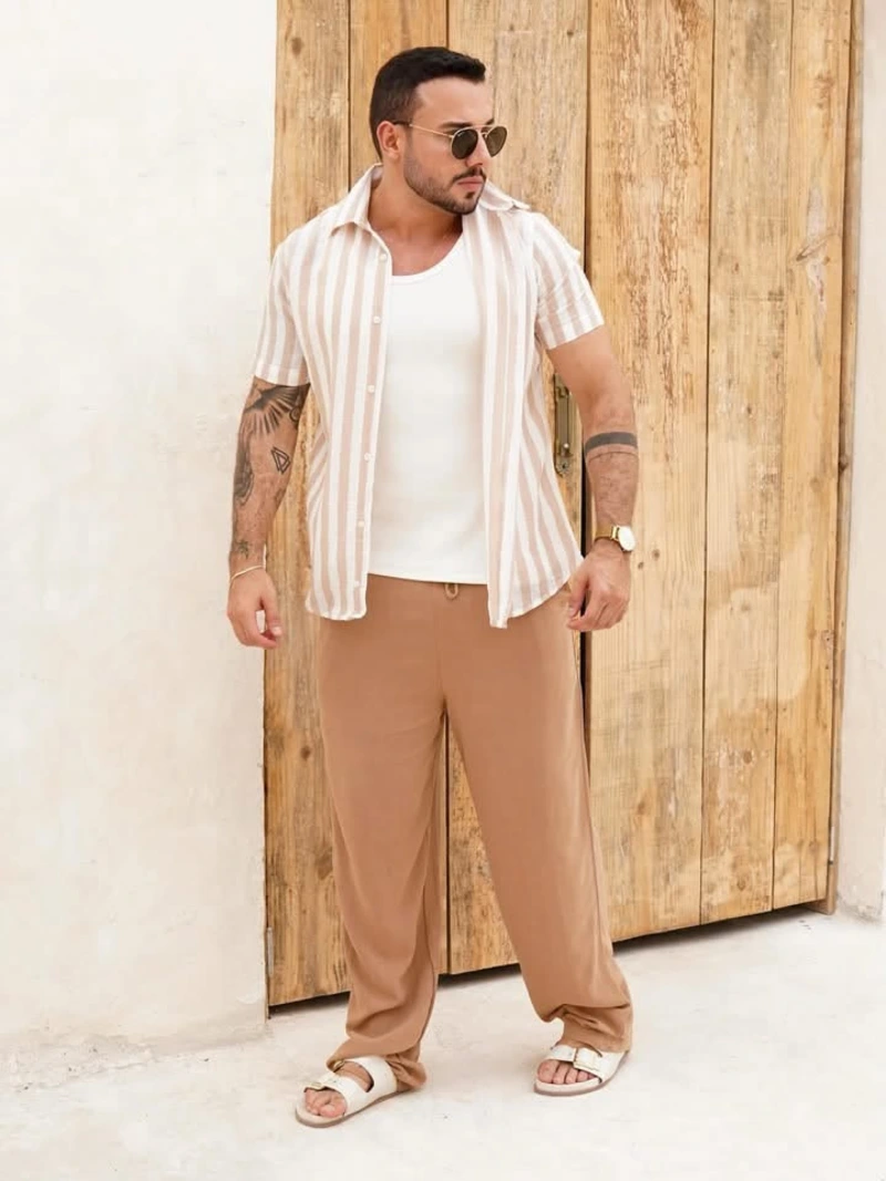 Striped Short Sleeve Shirt and Drawstring Pants Outfit