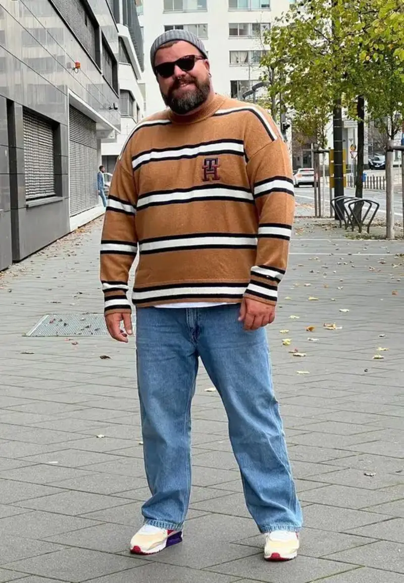Striped Tan Sweater with Relaxed Blue Jeans
