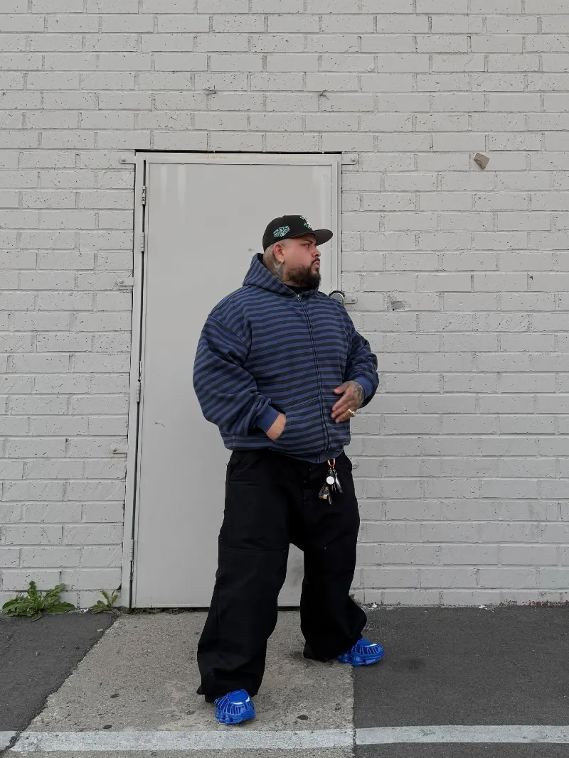 Striped Zip-Up Hoodie and Loose Black Pants