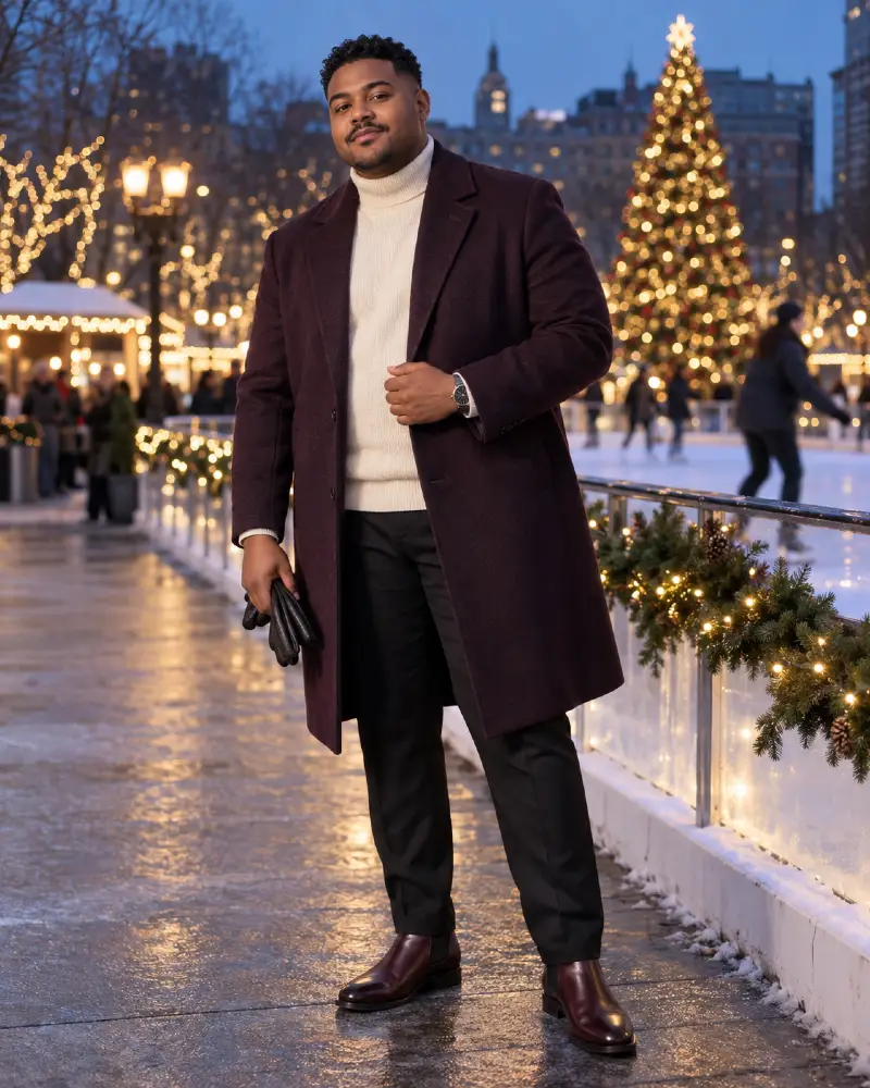 Structured Burgundy Overcoat And Cream Knits