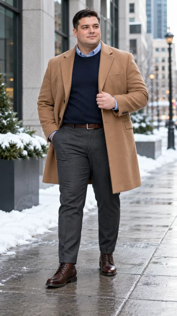 Structured Camel Overcoat and Navy Base