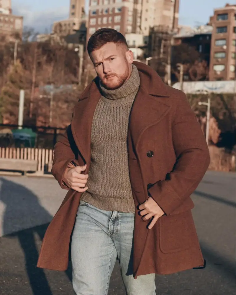 Structured Tobacco Coat over Heavy Knits