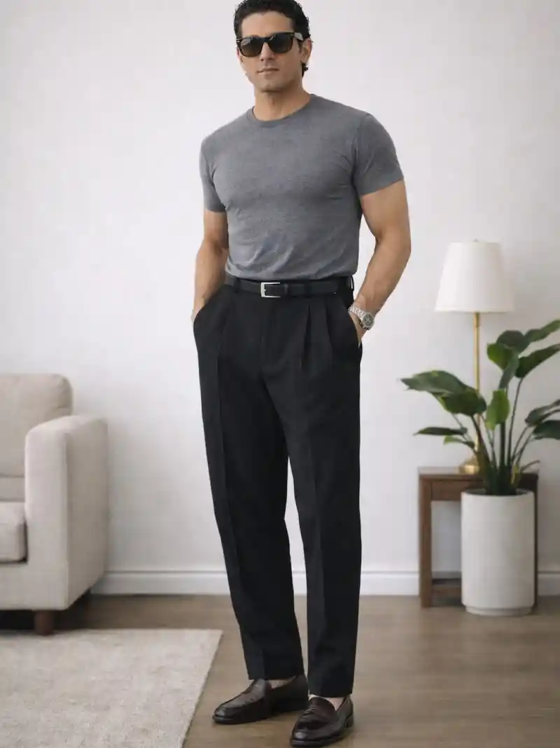 T-Shirt and Pleated Dress Trousers