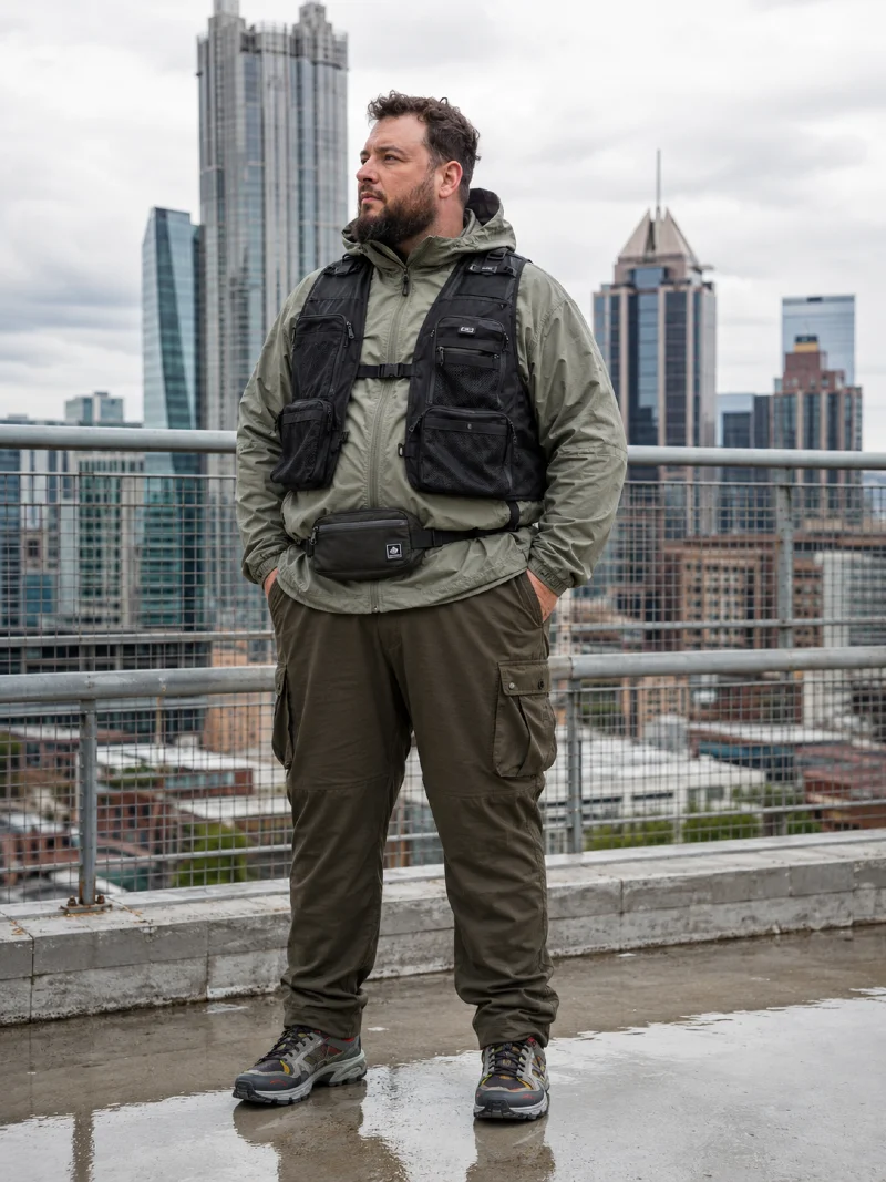 Tactical Utility Vest, Hooded Windbreaker, Olive Cargo Pants, Waist Pack, and Trail Sneakers