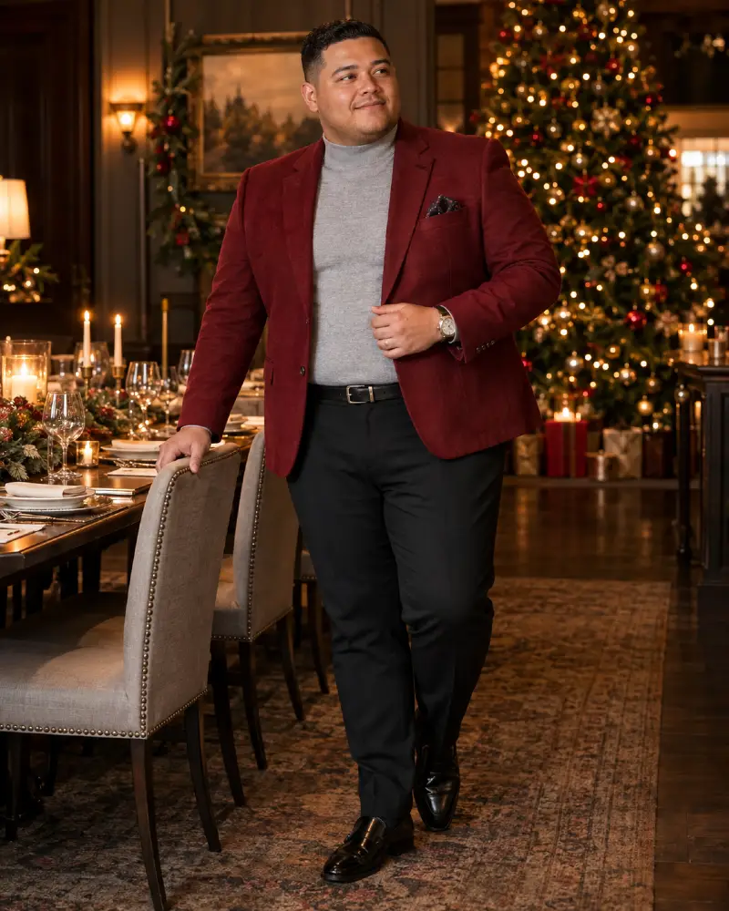Tailored Crimson Blazer Over Soft Grey Turtleneck