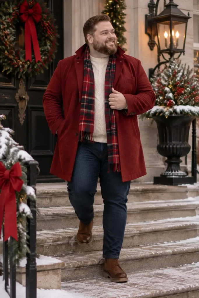 Tailored Red Overcoat And Chunky Cream Sweater