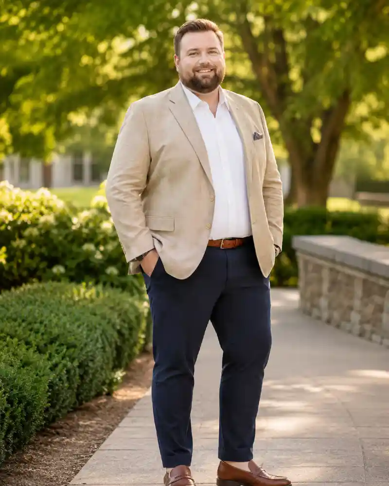 Tan Blazer, White Shirt, and Navy Chino Combo