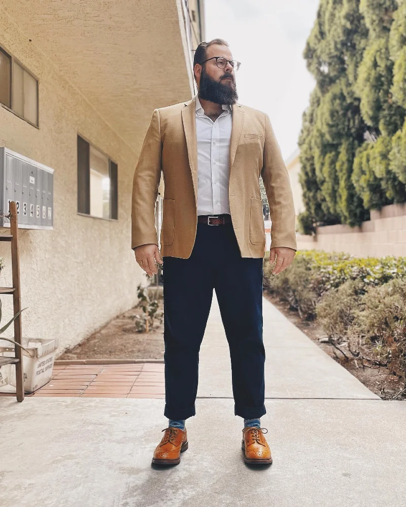 Tan Blazer With Navy Trousers and Brown Brogues