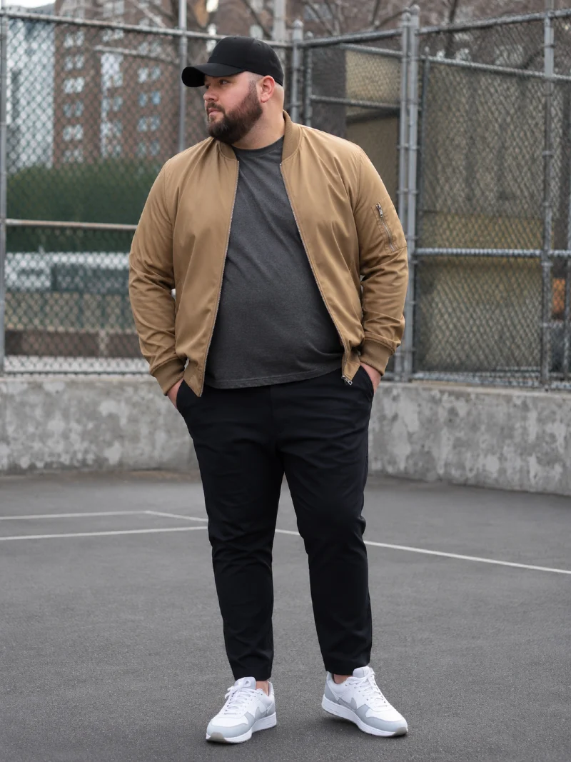 Tan Bomber Jacket and Black Pants