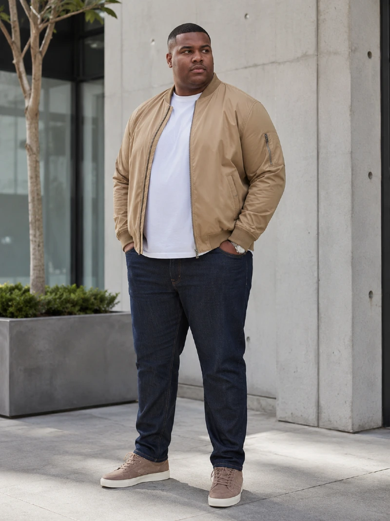 Tan Bomber Jacket and Dark Blue Jeans