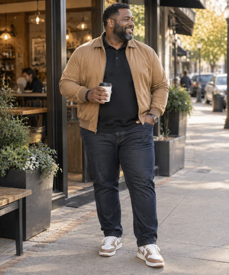 Tan Bomber Jacket with Black Polo Shirt, Dark Jeans