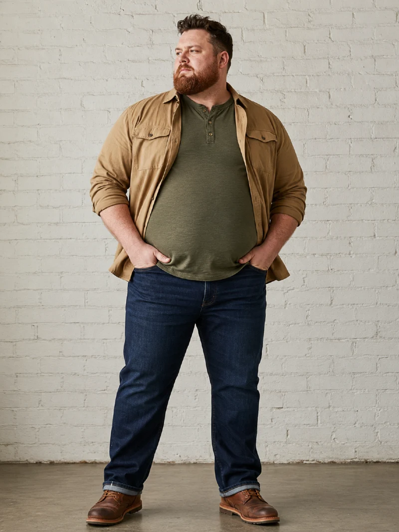 Tan Button-Down Shirt, Olive Henley, and Dark Blue Jeans