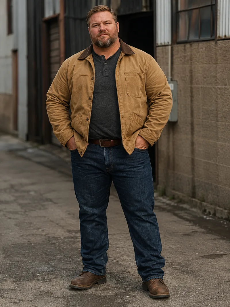 Tan Canvas Barn Jacket with Charcoal Henley and Straight-Leg Jeans