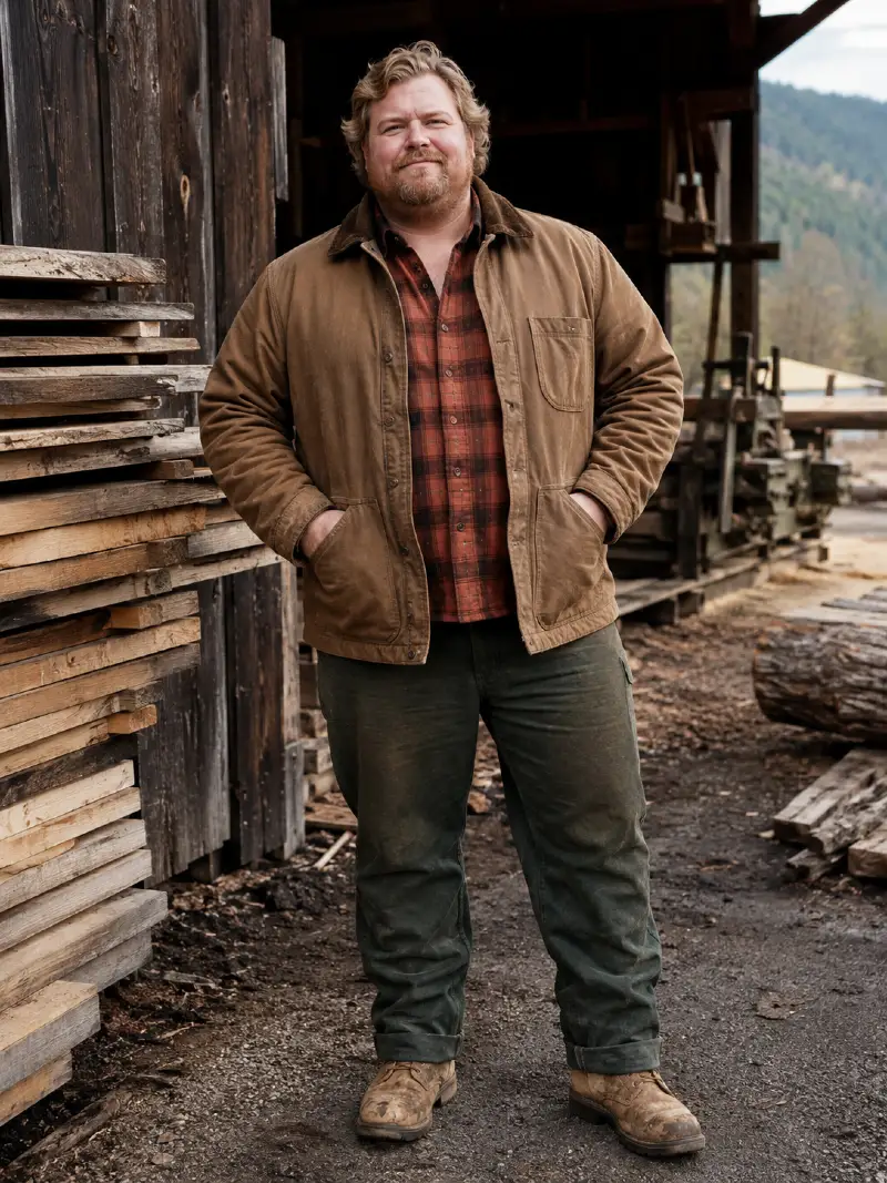 Tan Canvas Chore Coat with Rust Plaid Flannel Shirt and Forest Green Work Pants