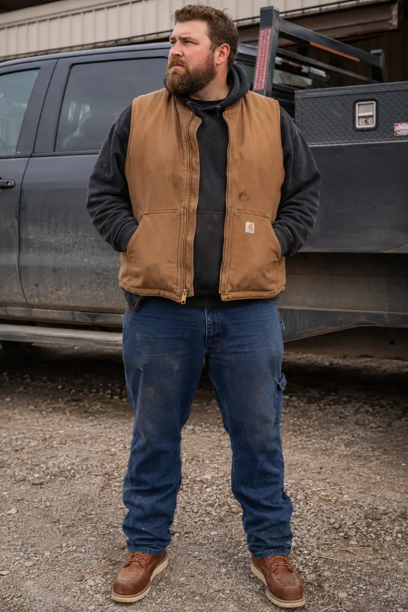 Tan Canvas Work Vest with Washed Black Pullover Hoodie and Carpenter Jeans