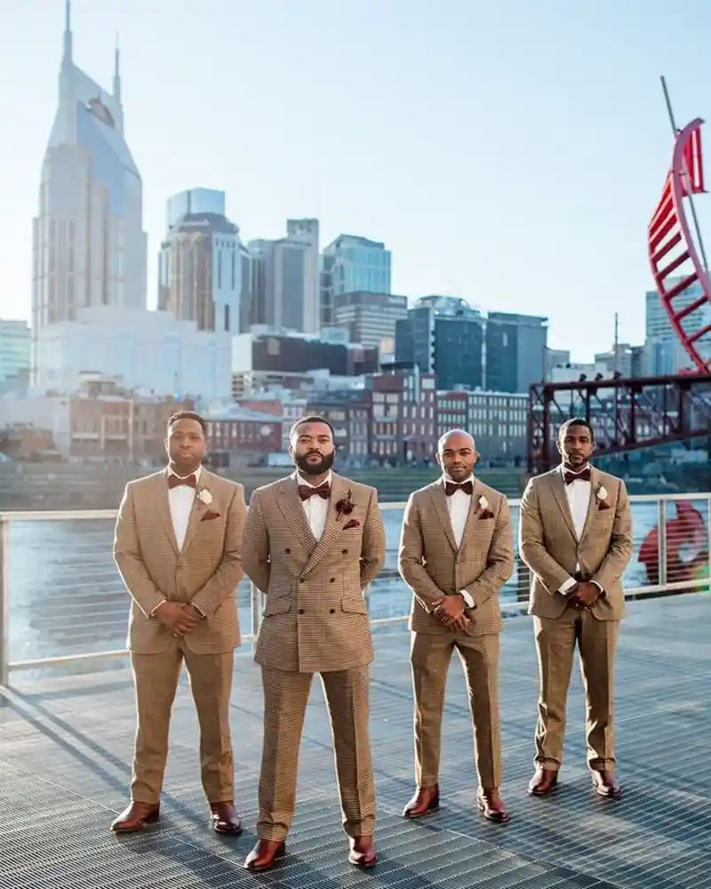 Tan Checked Suits and Bow Ties