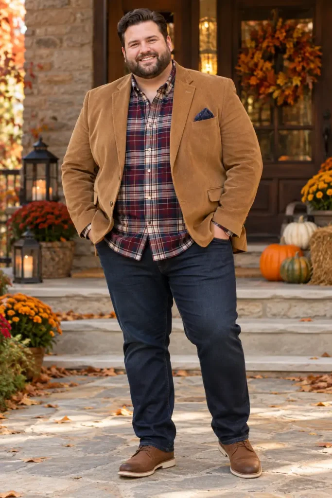 Tan Corduroy Blazer And Burgundy Plaid