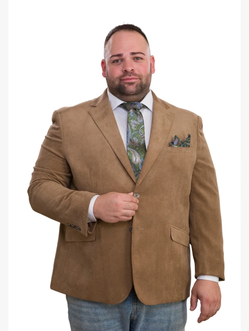 Tan Corduroy Blazer, Paisley Tie, and Denim Jeans