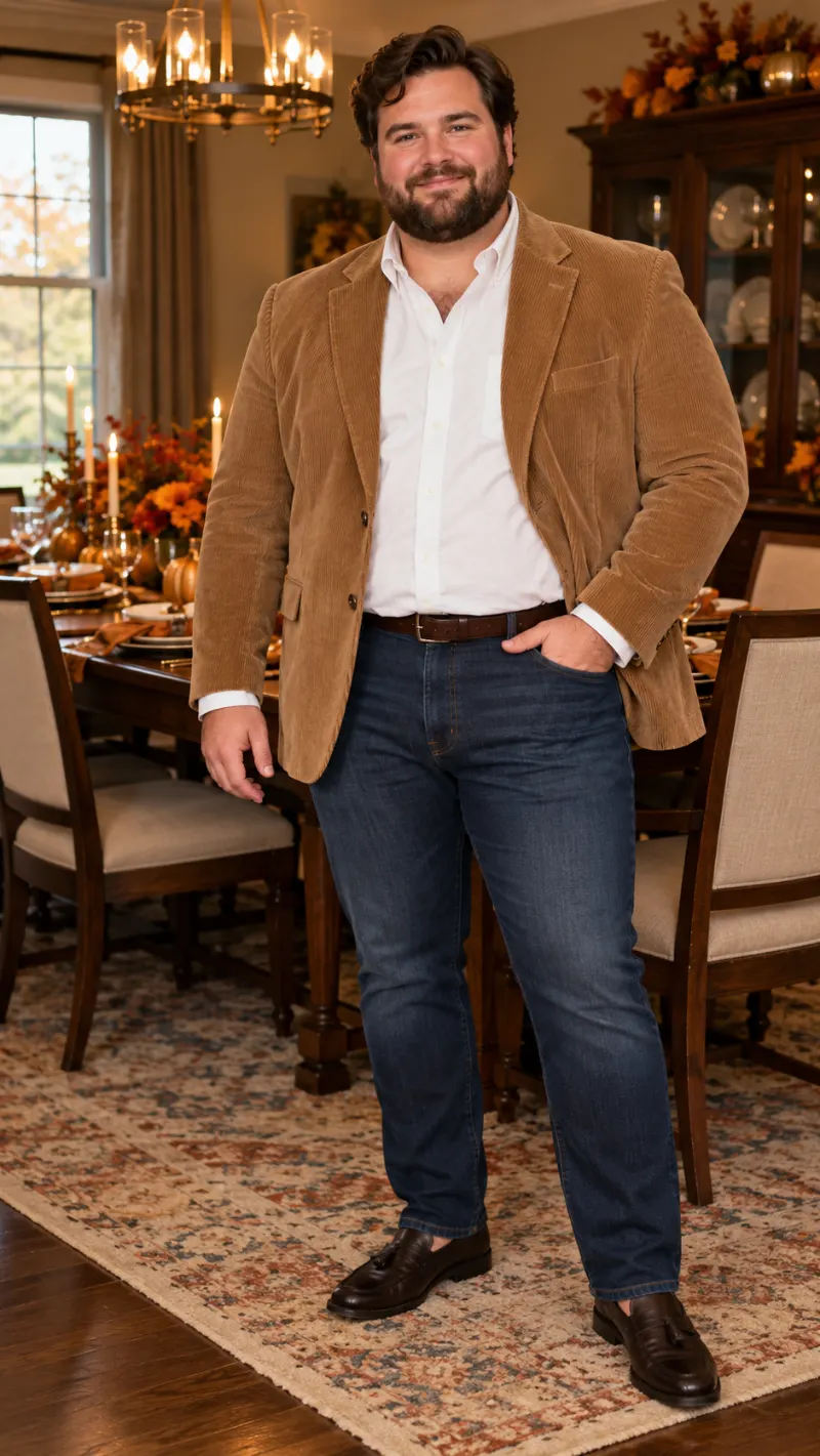 Tan Corduroy Blazer, White Dress Shirt, Dark Wash Jeans, and Dark Brown Loafers