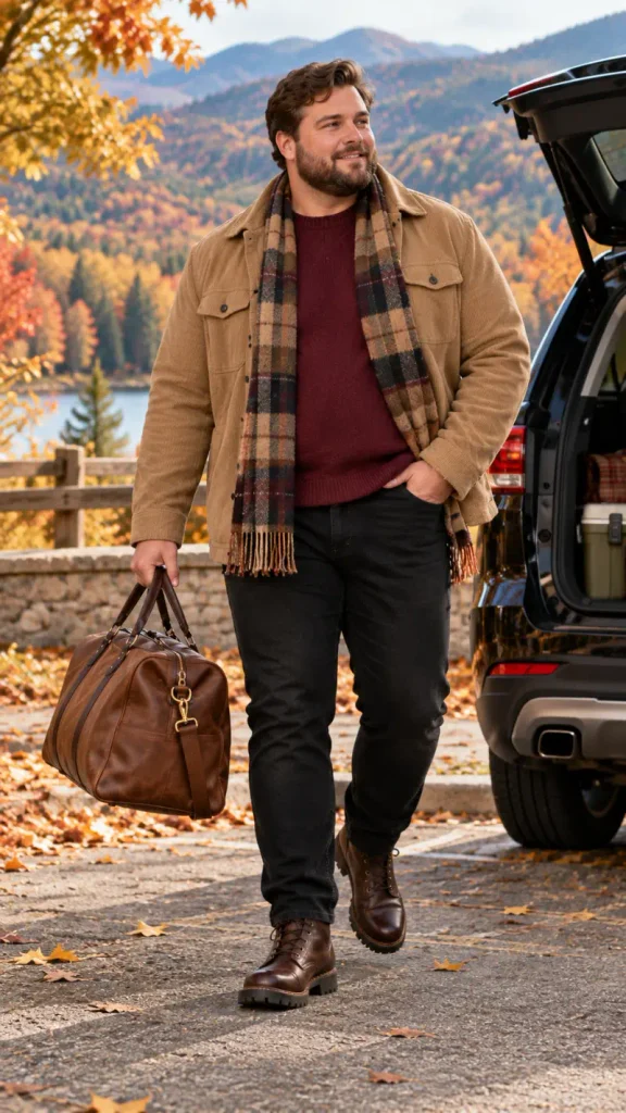 Tan Corduroy Jacket Over Rich Burgundy Knit