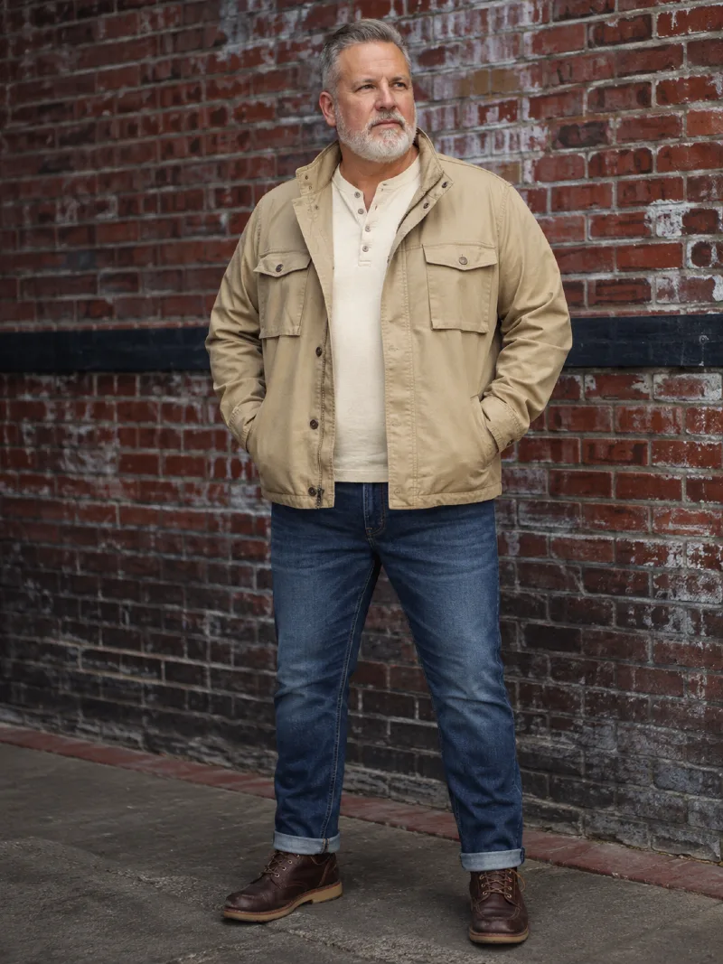 Tan Field Jacket and Henley Shirt Outfit