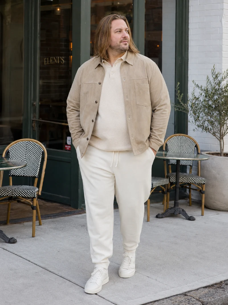Tan Jacket, Polo Sweater, and Cream Sweatpants